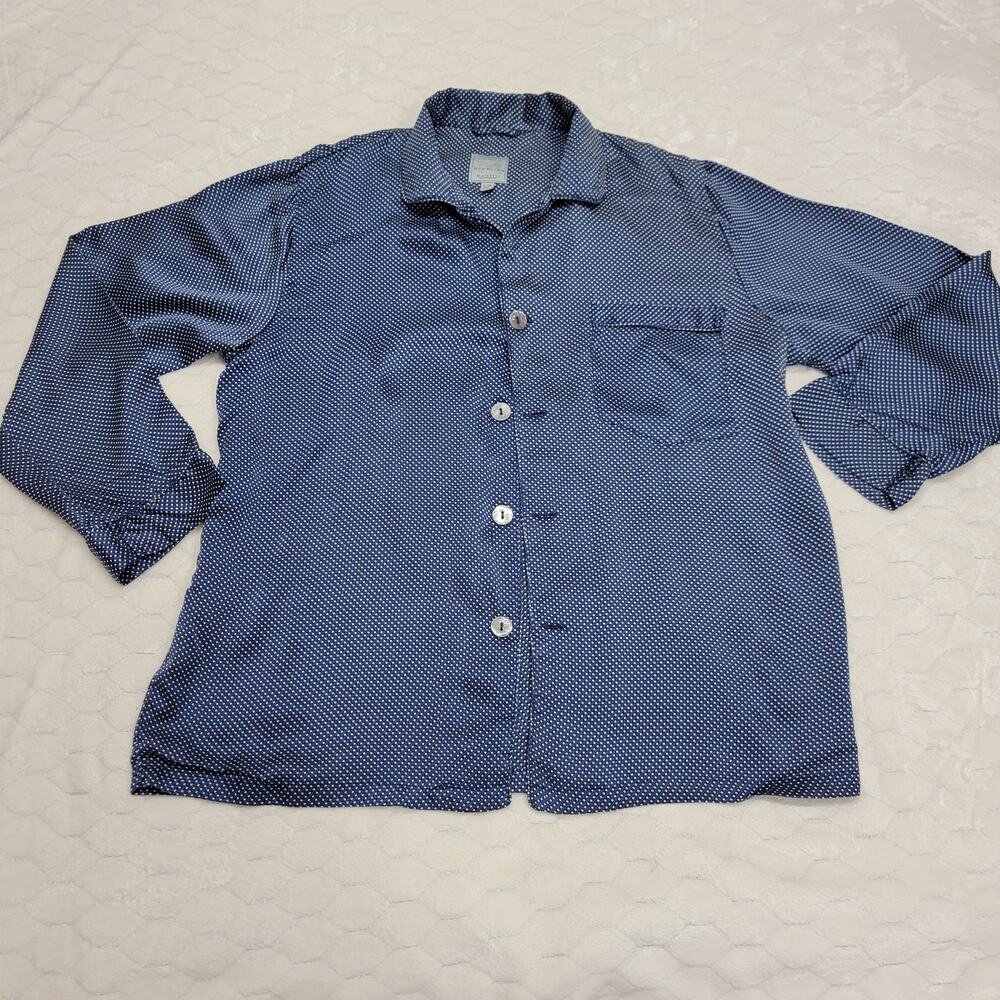 Majestic International Sterling Mens L Silk Pajama Shirt Blue Polka Dot Vintage